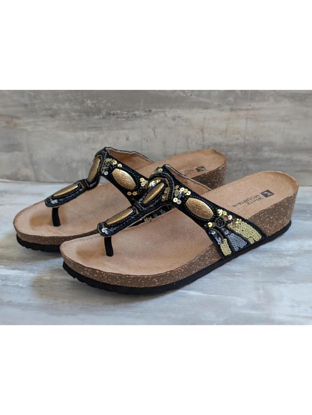 Rockport Women's Black and Gold Sequin Wedge Sandals Size 7M